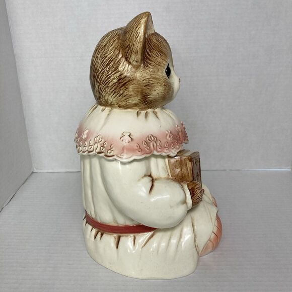 Vintage Ceramic Cookie Jar Kitty Cat in Dress Book Flowers Beautiful Eyes Japan - Picture 7 of 12